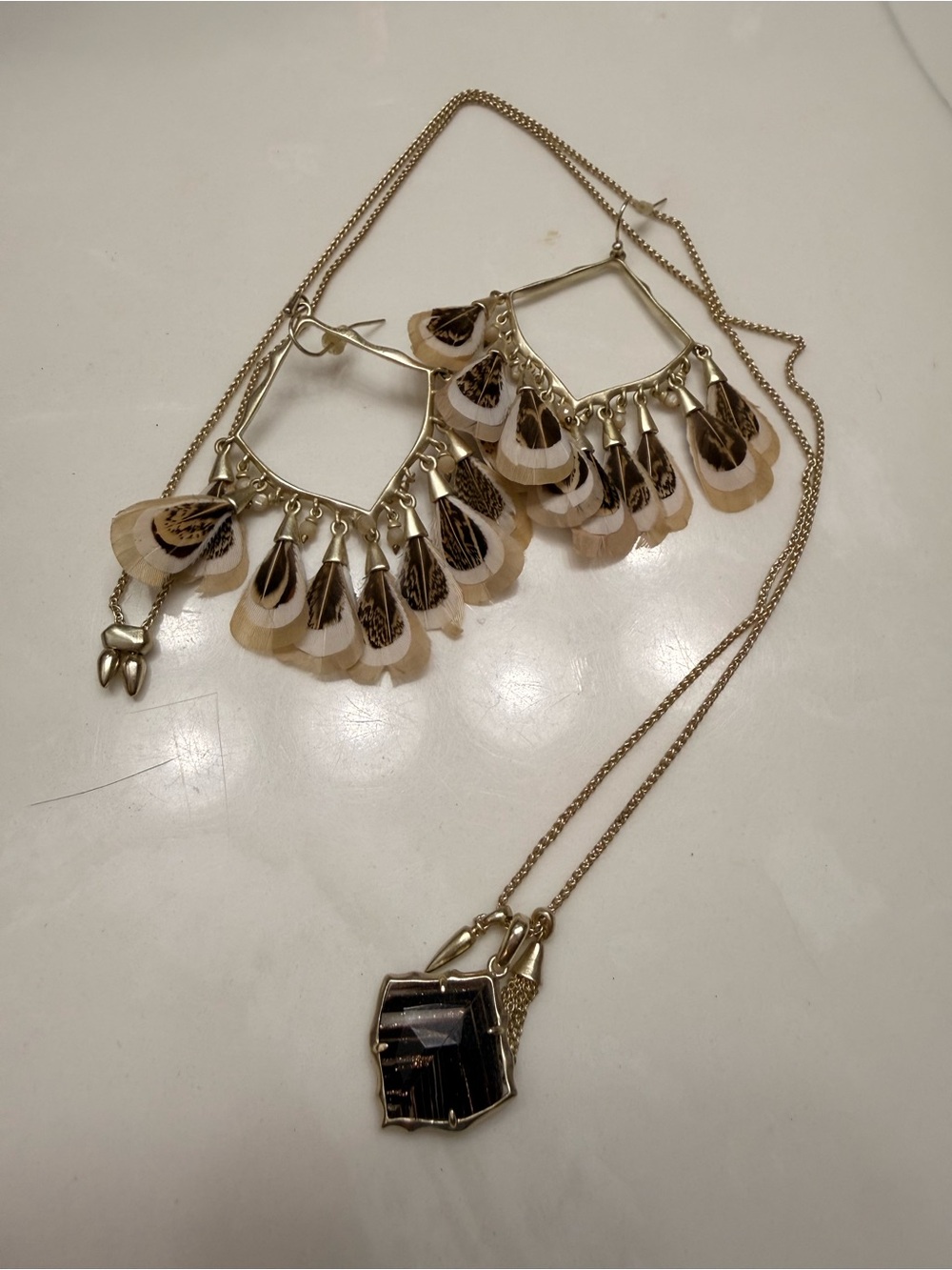 Gold-Tone Feather Fringe Necklace and Earring set - Beige/Gold by Kendra Scott